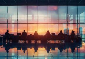 Silhouettes of employees collaborating at a large desk with office equipment photo