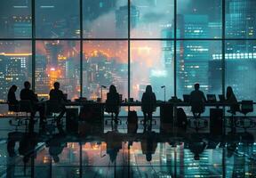 Silhouettes of employees collaborating at a large desk with office equipment photo