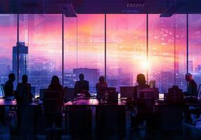 Silhouettes of employees collaborating at a large desk with office equipment photo