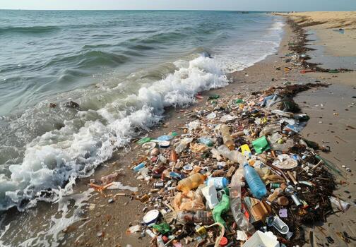 A beach scene with waves bringing in more trash, showing the extent of ocean pollution photo