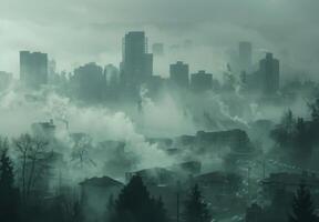 A city skyline shrouded in thick smog, with buildings barely visible through the haze photo