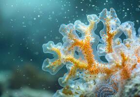 A close up of a delicate coral structure dissolving under the effects of acidified ocean water, with marine organisms trying to adapt photo
