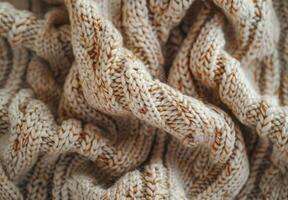 A close up of a cozy woolen sweater, highlighting the intricate knit pattern and texture photo