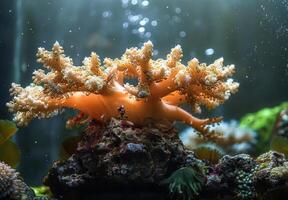 A close up of a delicate coral structure dissolving under the effects of acidified ocean water, with marine organisms trying to adapt photo