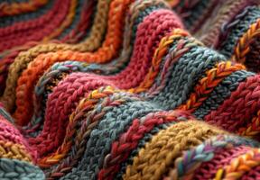 A close up of a knitted wool blanket, revealing the complex stitching and fiber details photo