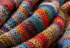 A close up of a knitted wool blanket, revealing the complex stitching and fiber details photo