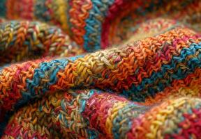 A close up of a knitted wool blanket, revealing the complex stitching and fiber details photo