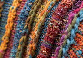 A close up of a knitted wool blanket, revealing the complex stitching and fiber details photo