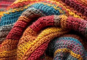 A close up of a knitted wool blanket, revealing the complex stitching and fiber details photo