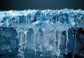 A close up of a melting ice cap with rivulets of water running down its sides photo