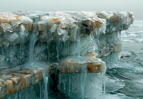 A close up of a melting ice cap with rivulets of water running down its sides photo
