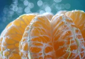 A close-up of a peeled orange, focusing on the textured white pith photo