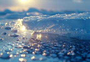 A close up of a melting iceberg with sunlight reflecting off the water droplets photo