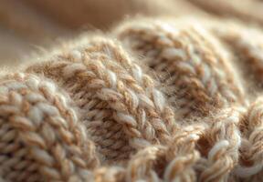 A close up of a woolen beanie, showcasing the detailed knit pattern and soft fibers photo