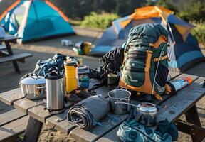 A close up of camping essentials laid out on a picnic table, including a tent, backpack, and cooking gear photo