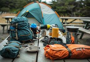 A close up of camping essentials laid out on a picnic table, including a tent, backpack, and cooking gear photo