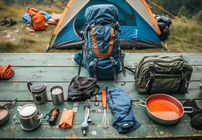 A camping tent, camping gear and other items on a table photo