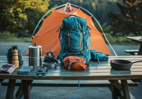 A table with a tent, a stove, and other camping gear photo