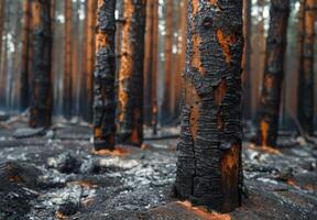A burnt forest with trees that have been burned photo