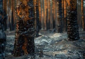 A burned forest with trees and trees photo