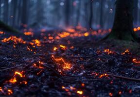 A forest with fire and trees in the background photo