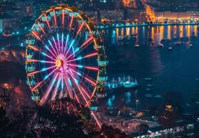 A ferris wheel is lit up at night in front of a city photo