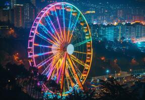 A ferris wheel is lit up at night with a city in the background photo