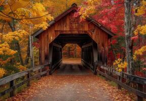 A covered bridge in the fall with colorful leaves photo