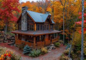 A log cabin surrounded by fall foliage photo
