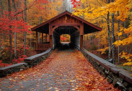A covered bridge in the fall with colorful leaves photo