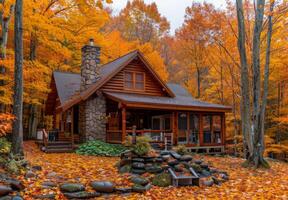 A log cabin surrounded by fall foliage photo