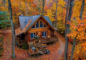 A log cabin surrounded by fall foliage photo