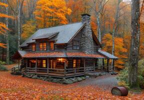 A log cabin surrounded by fall foliage photo