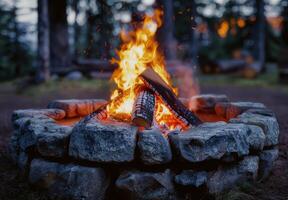 A fire pit in the woods with logs and logs photo