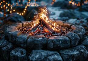 A fire pit is lit up with lights photo
