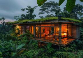 A small house in the jungle with a green roof photo