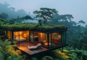 The house is surrounded by lush green vegetation photo