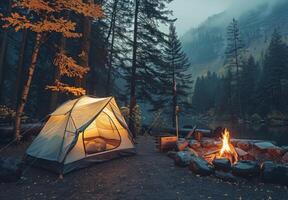 A tent is set up near a campfire in the woods photo