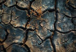 A dried up cracked earth with a plant growing out of it photo