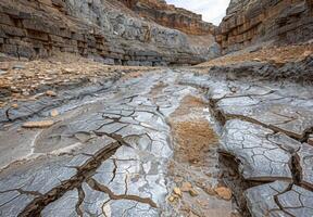 A dry river bed with cracks in it photo