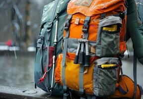 A large orange and gray backpack sitting on a wooden board photo