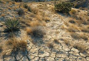 Dry desert landscape with cactus plants and dry grass photo