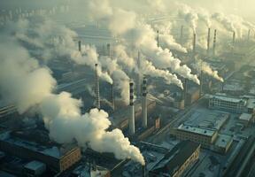 An aerial view of a factory with smoke coming out photo