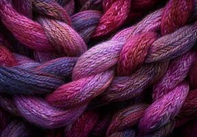 A close up of a yarn with red, purple and blue colors photo