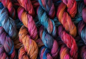 A close up of a colorful yarn photo