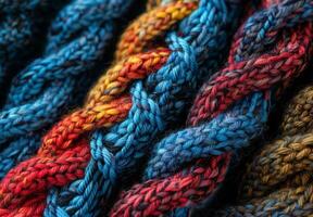 A close up of a bunch of colorful yarn photo