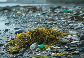 A beach with lots of plastic and other debris photo