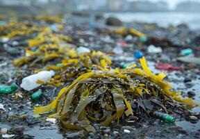 A beach with lots of plastic bottles and other trash photo