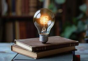 A light bulb is sitting on top of a stack of books photo