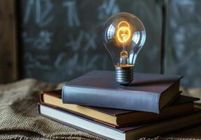 A light bulb is sitting on top of a stack of books photo
